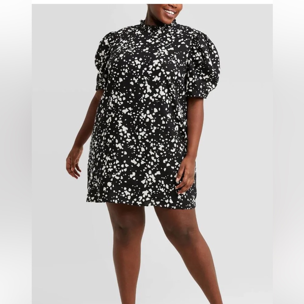 Who What Wear Black White Puff Short Sleeve  Ruffle Linen Blend Dress Size XXL